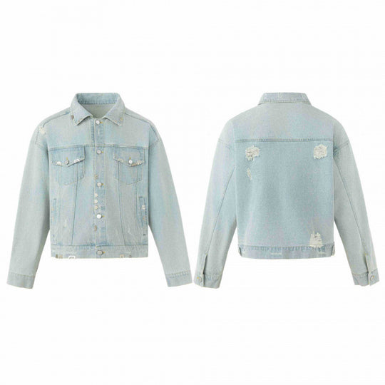 Unisex Boxige Jeansjacke im Worker‑Look mit Metallapplikationen und Pattentaschen Shop Nory