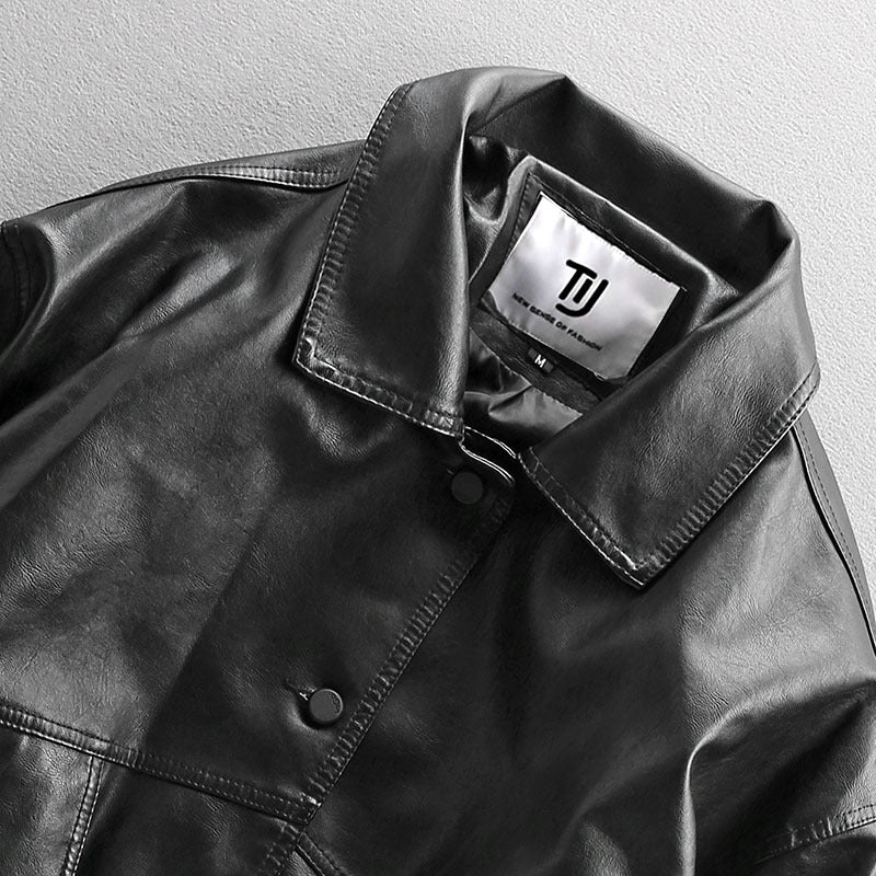 Herren Oversized Lederimitat-Utility-Jacke mit Pattentaschen und elastischem Saum Shop Nory