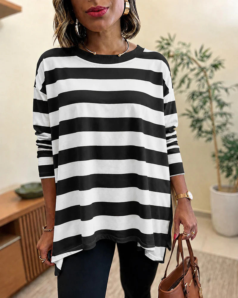 Damen Oversized Streifen-Longsleeve mit Rundhalsausschnitt und abgerundetem Saum Shop Nory