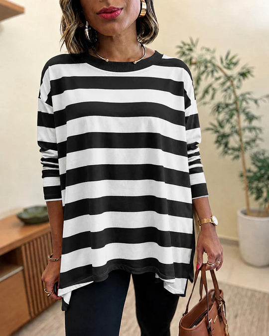Damen Oversized Streifen-Longsleeve mit Rundhalsausschnitt und abgerundetem Saum Shop Nory