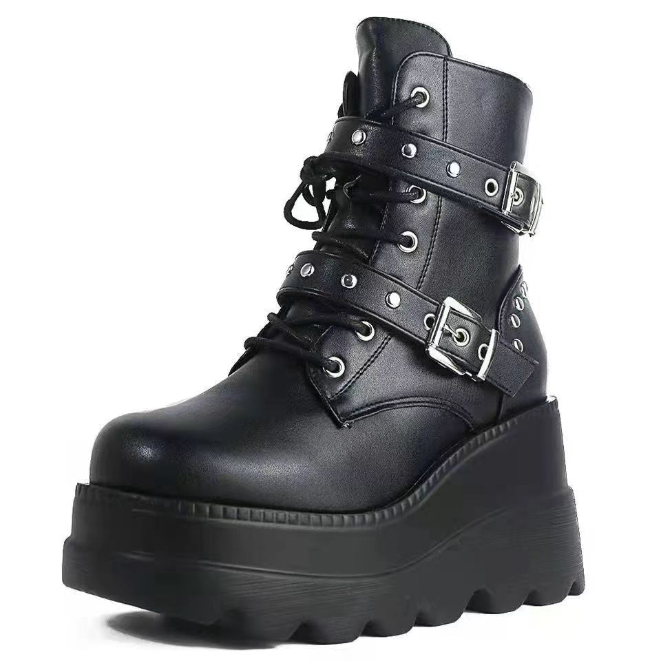 Damen Plateau-Stiefeletten mit modischen Schnallen und robuster Sohle