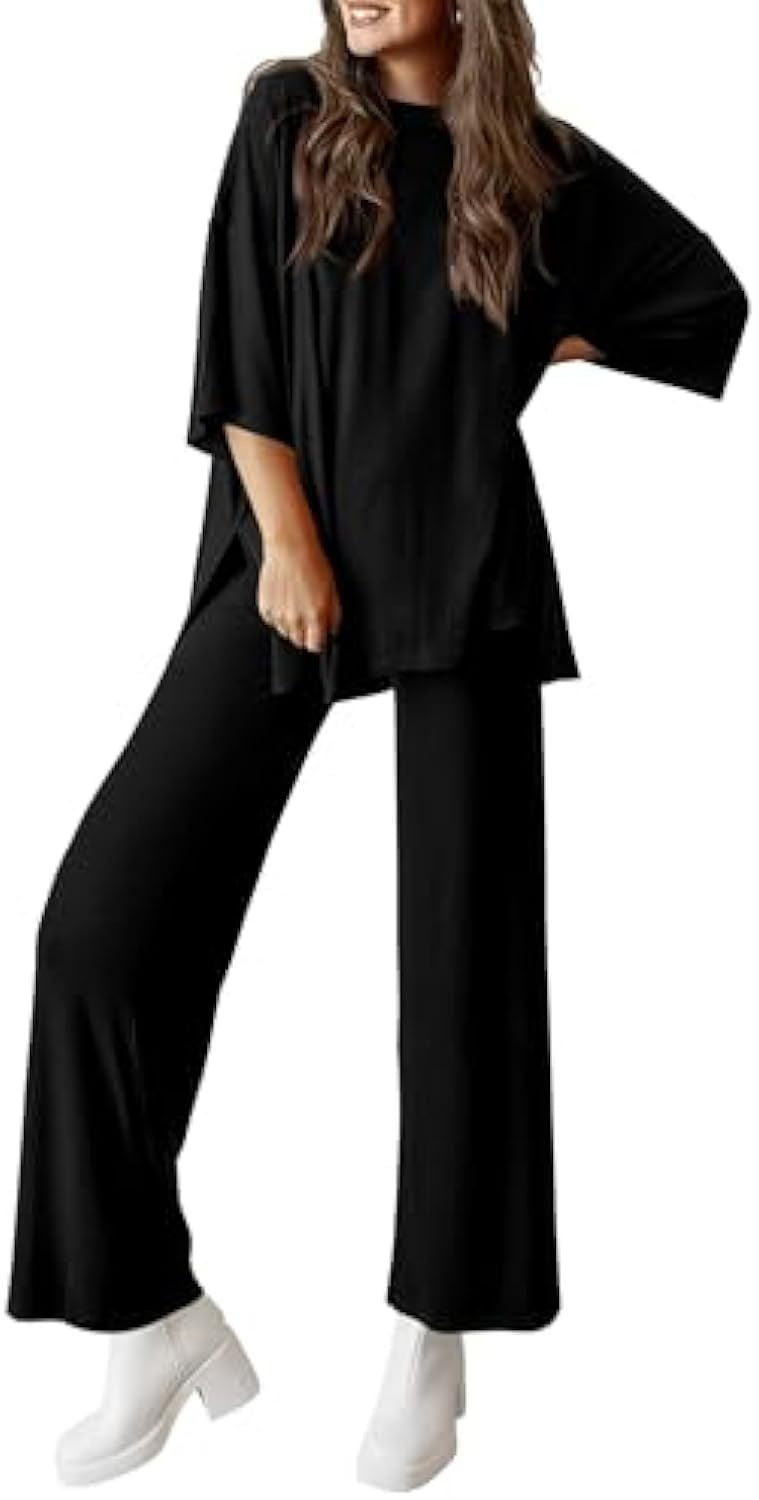 Damen Lässiges Lounge-Set aus weichem Jersey mit Oversize-Tunika und weiter Palazzo-Hose Shop Nory