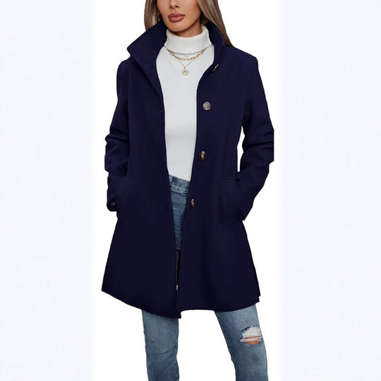 Damen Eleganter Wollmantel mit Hochgeschlossenem Kragen und Praktischen Taschen