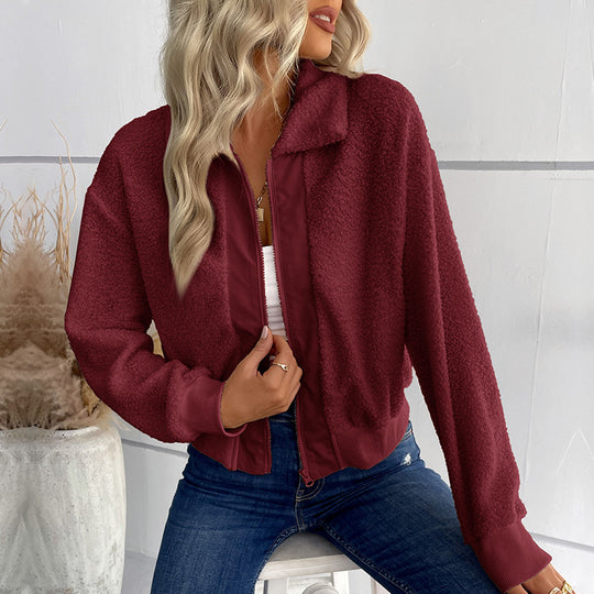 Damen Teddyjacke mit Reißverschluss, Stehkragen und Rippbündchen Shop Nory