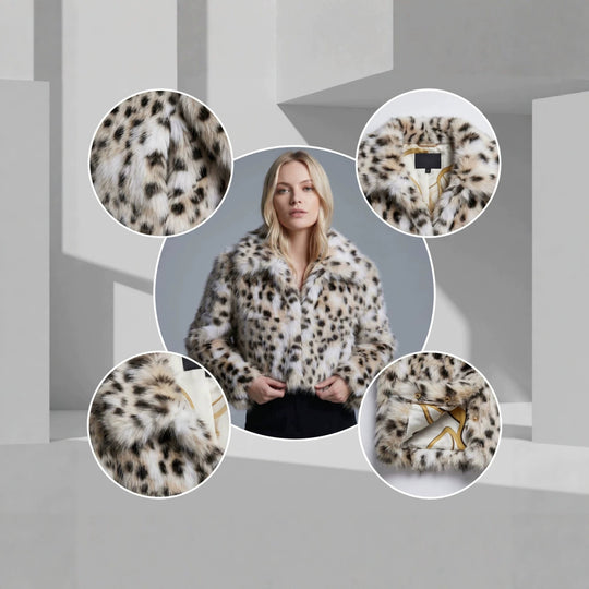 Damen Kurz geschnittene Kunstfelljacke mit grafischem Fleckenmuster und Boxy‑Silhouette Shop Nory