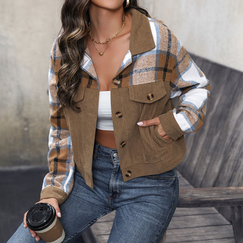 Damen Kurzjacke Cord- und Karomix mit Knöpfen & Brusttaschen Shop Nory