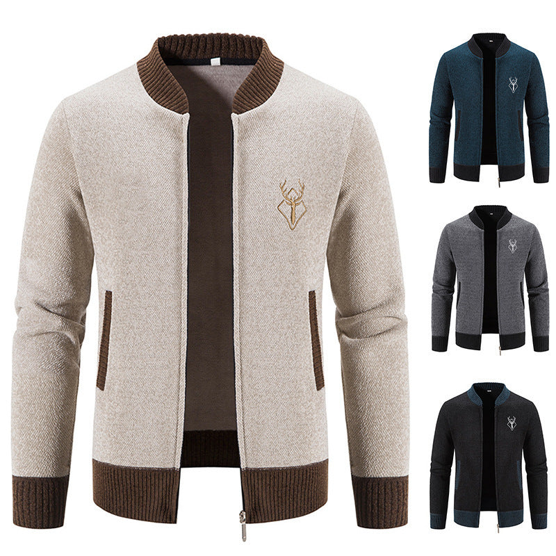 Herren lässiger Zip-Strickblouson mit weichem Thermofutter, geripptem Stehkragen und Hirsch-Logo Shop Nory