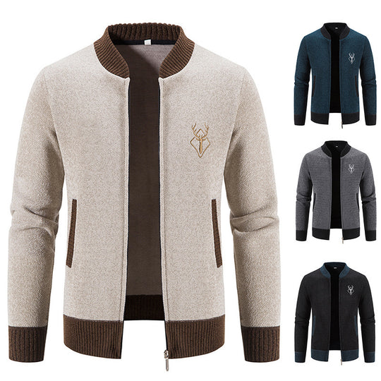 Herren lässiger Zip-Strickblouson mit weichem Thermofutter, geripptem Stehkragen und Hirsch-Logo Shop Nory