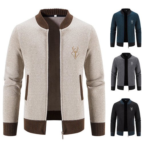 Herren lässiger Zip-Strickblouson mit weichem Thermofutter, geripptem Stehkragen und Hirsch-Logo Shop Nory