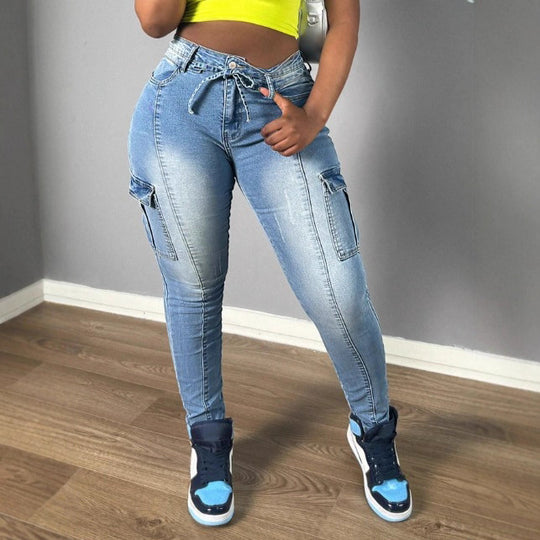 Damen Hochtaillierte stretchige Cargo-Skinny-Jeans mit Tunnelzugbund Shop Nory
