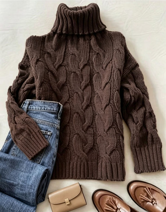 Damen Grobstrick-Rollkragenpullover mit markanten Zopfmustern und gerippten Bündchen Shop Nory