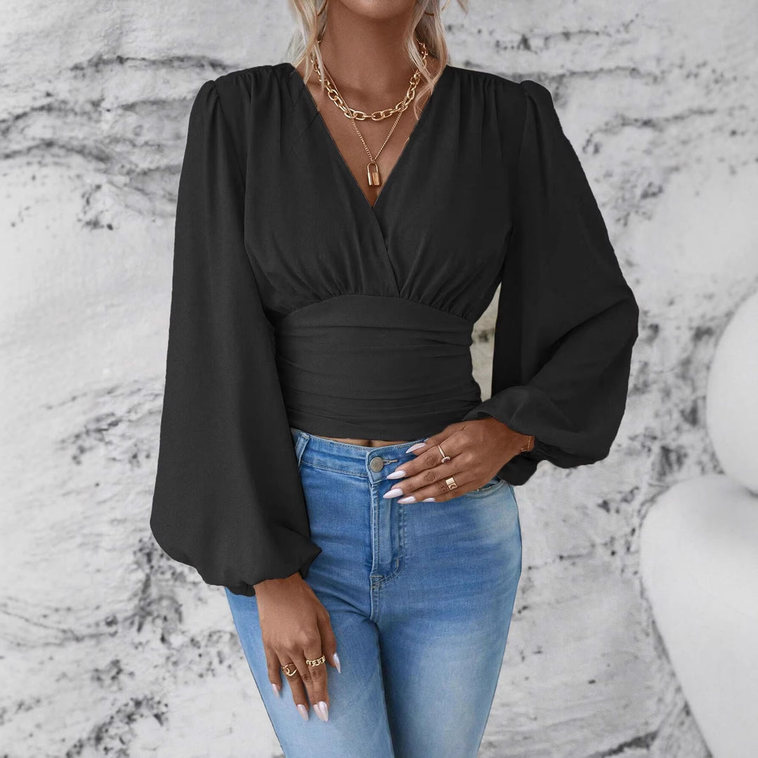 Damen Wickel-Cropped-Top mit geraffter Taillenpartie und weiten Ballonärmeln Shop Nory
