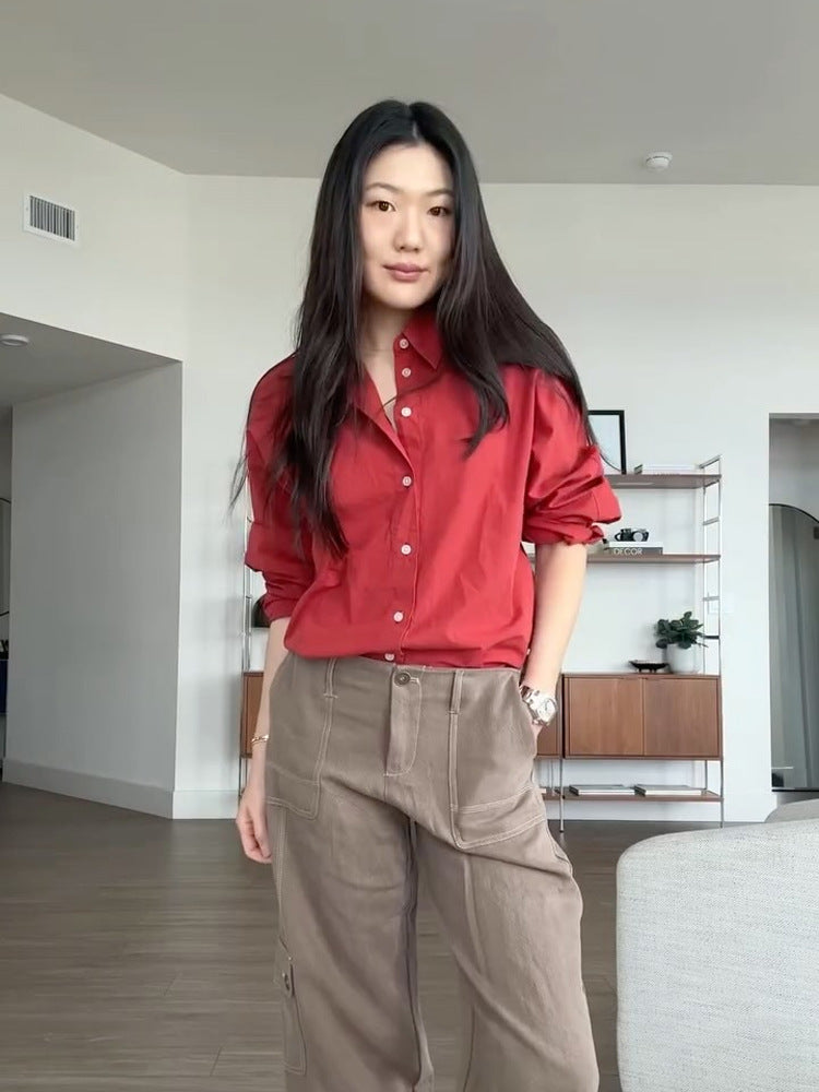 Damen Locker geschnittene Baumwollbluse mit durchgehender Knopfleiste, Hemdkragen & krempelbaren Ärmeln Shop Nory