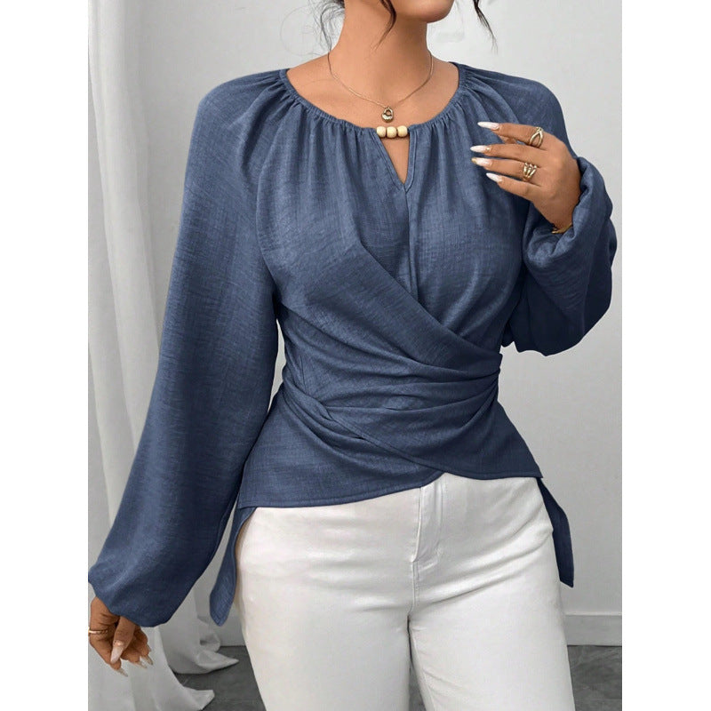 Damen Taillierte Wickelbluse mit Perlendetail und Ballonärmeln Shop Nory