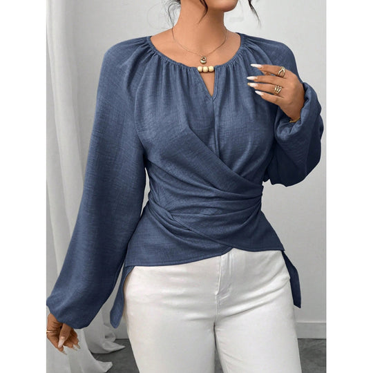 Damen Taillierte Wickelbluse mit Perlendetail und Ballonärmeln Shop Nory