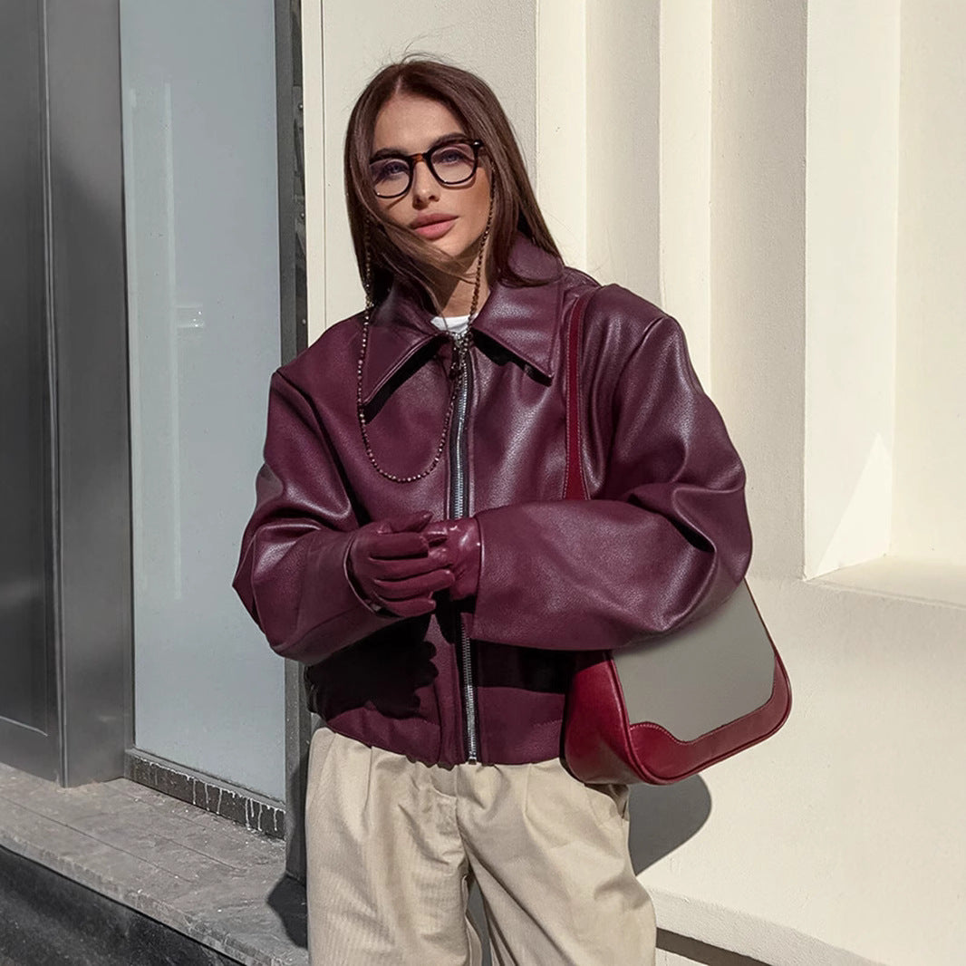 Damen Kurze Oversize Kunstlederjacke mit Hemdkragen und elastischem Saum Shop Nory