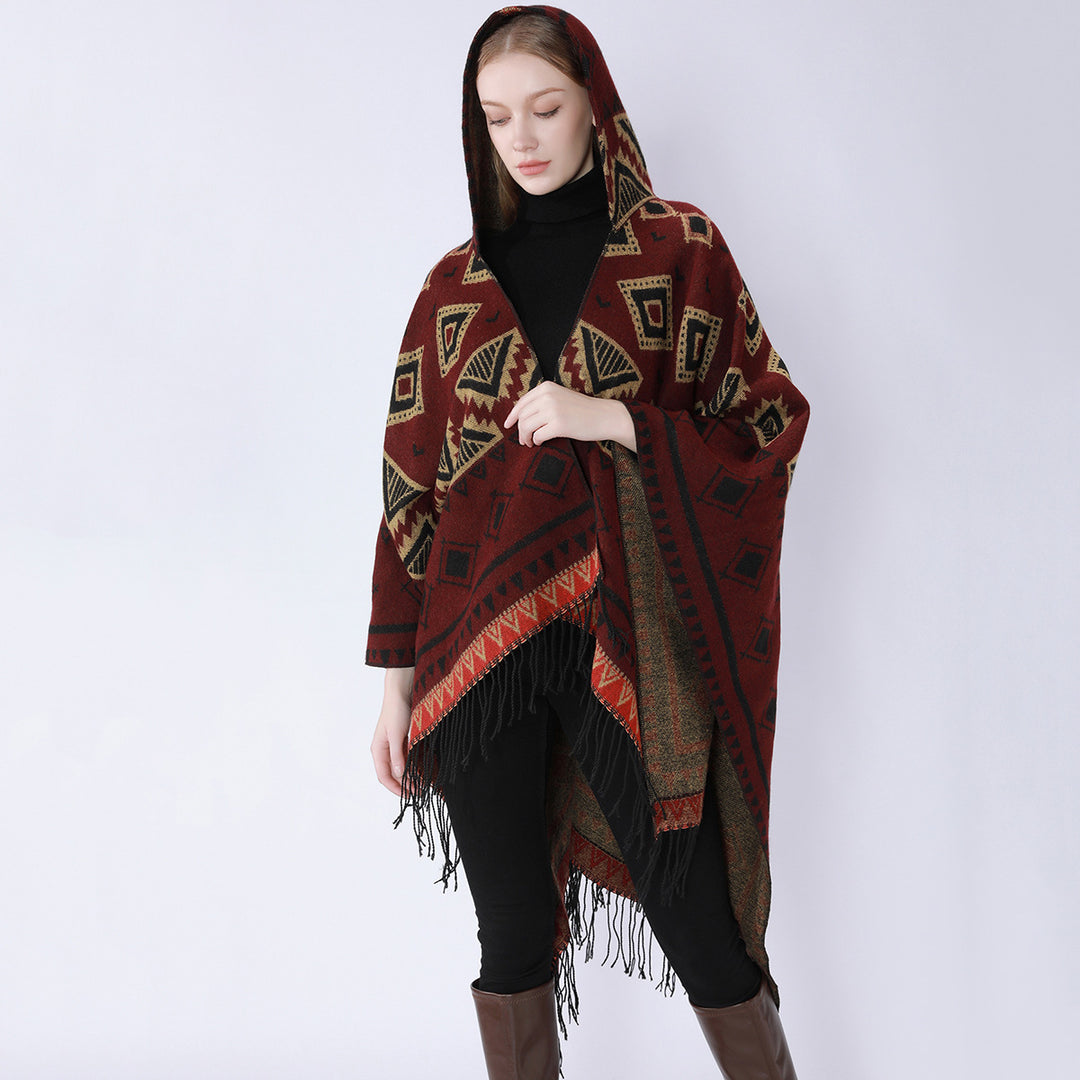 Damen Zweilagiger Kapuzen-Überwurf mit asymmetrischem Fransensaum und geometrischem Jacquard Shop Nory