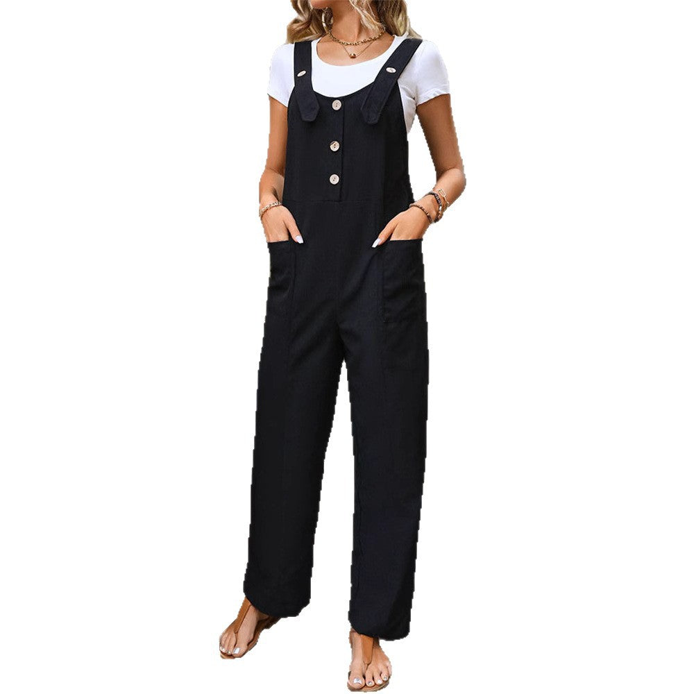 Damen Weichfallender Latz-Jumpsuit mit weitem Bein und Holzknopf‑Verschluss Shop Nory