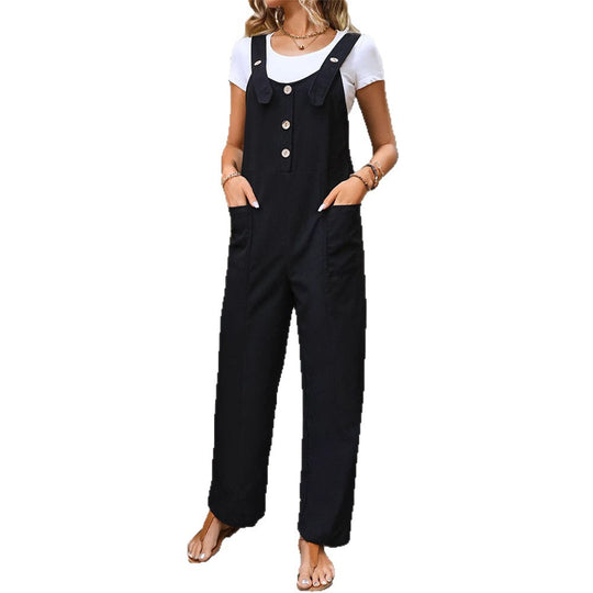 Damen Weichfallender Latz-Jumpsuit mit weitem Bein und Holzknopf‑Verschluss Shop Nory