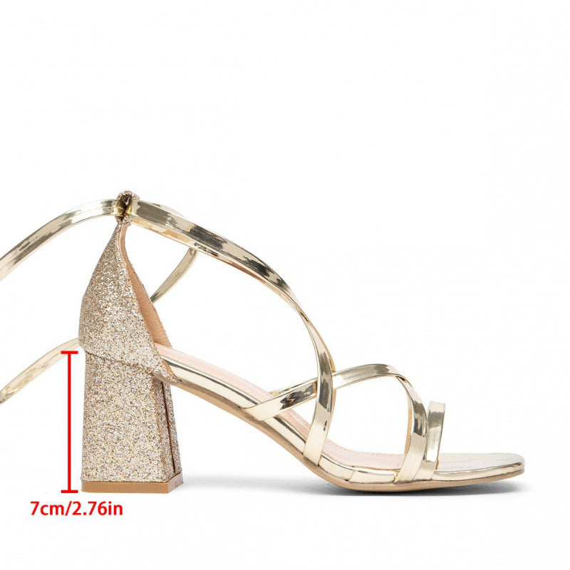 Damen Glamouröse Blockabsatz-Sandalen mit strassverzierten Riemen Shopnory