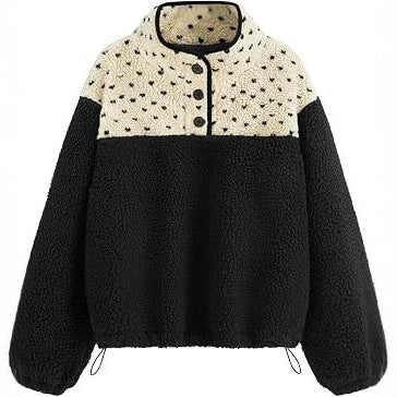 Damen Teddy-Fleece-Pullover mit Stehkragen, Druckknopfverschluss und Kordelzug Shop Nory