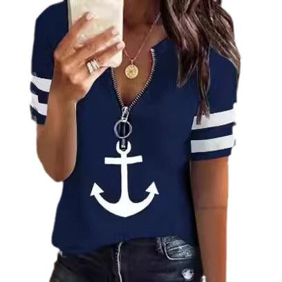 Damen maritim inspirierter Kurzarm Pullover mit Reißverschluss und Anker-Motiv