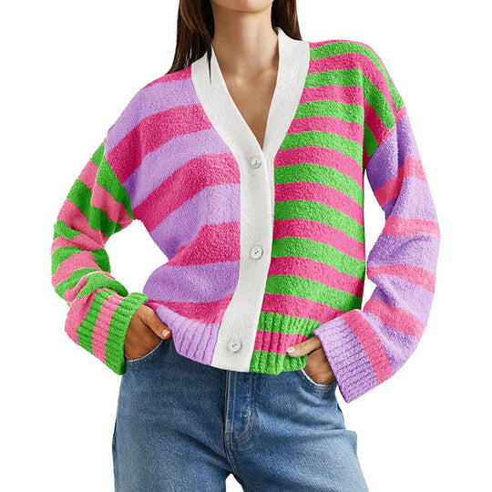 Damen lockerer gestreifter Frottee-Cardigan mit V-Ausschnitt und Knopfleiste Shop Nory