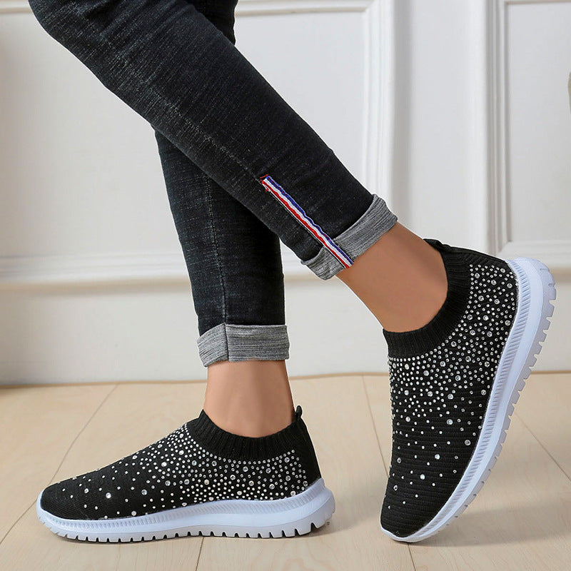 Damen Elastischer Slip-On Strick-Sneaker mit Strassbesatz Shop Nory