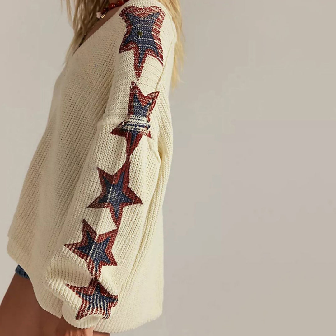 Damen Oversize-Strickpullover mit V-Ausschnitt und Sternmotiven Shop Nory