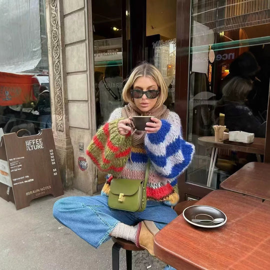 Damen Oversize-Strickpullover aus Mohairmix mit voluminösen Ballonärmeln und Blockstreifen Shop Nory