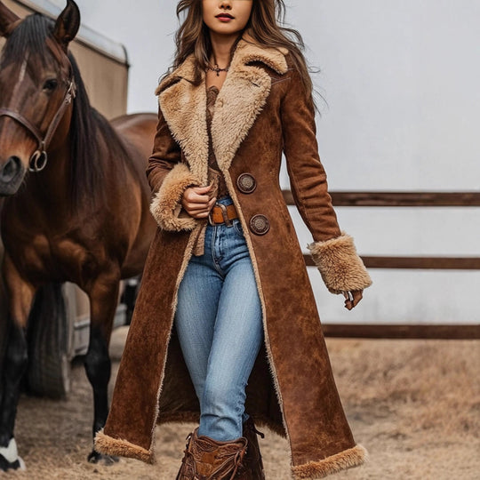 Damen Langer Veloursleder‑Look Mantel mit Lammfell‑Imitatfutter und dekorativer Doppelknopfleiste Shop Nory