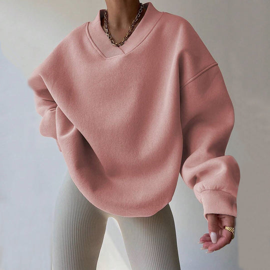 Damen Oversized V-Ausschnitt Sweatshirt mit verstärktem Rippkragen und extraweitem Cut Shop Nory