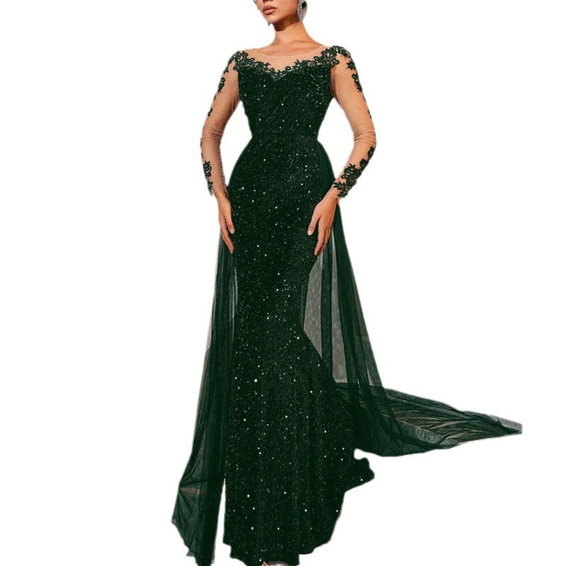 Damen Glamouröses Abendkleid mit schimmerndem Spitzenoberteil und fließendem Tüllumhang