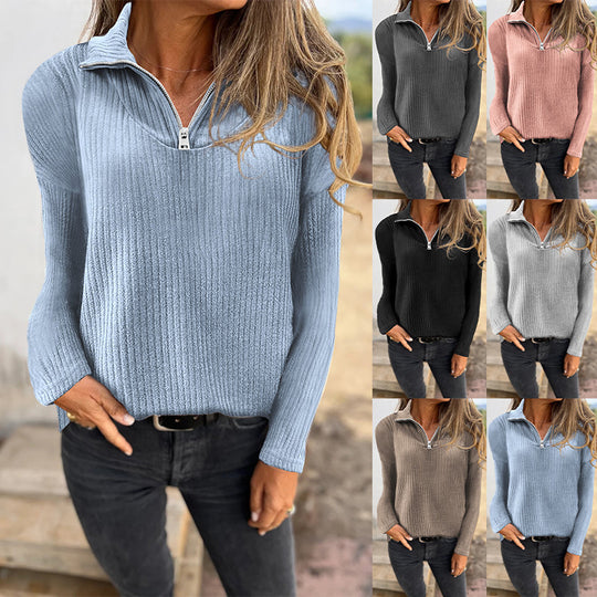 Damen Rippstrickpullover mit halbem Reißverschluss und Stehkragen Shop Nory