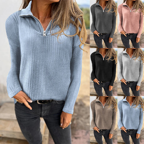 Damen Rippstrickpullover mit halbem Reißverschluss und Stehkragen Shop Nory