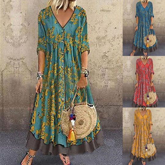 Damen Maxikleid im Boho‑Stil mit V‑Ausschnitt, durchgehender Knopfleiste und Stufenrock Shop Nory