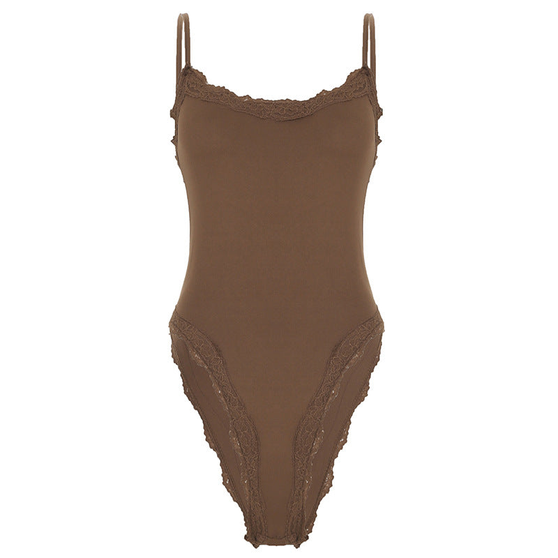 Damen eleganter Bodysuit mit Spitzenakzenten und verstellbaren Trägern
