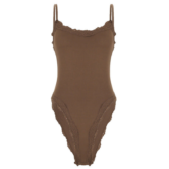 Damen eleganter Bodysuit mit Spitzenakzenten und verstellbaren Trägern