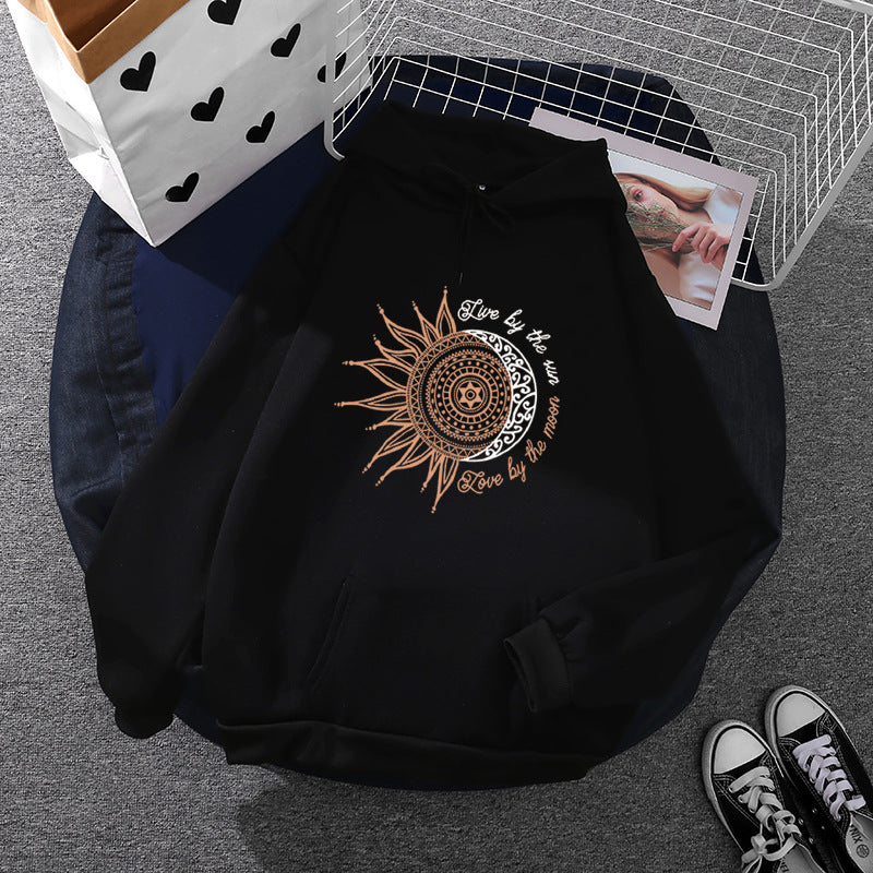 Damen nan Kapuzenpullover mit Sonn-und-Mond-Mandala, Kängurutasche und angerautem Fleece Shop Nory