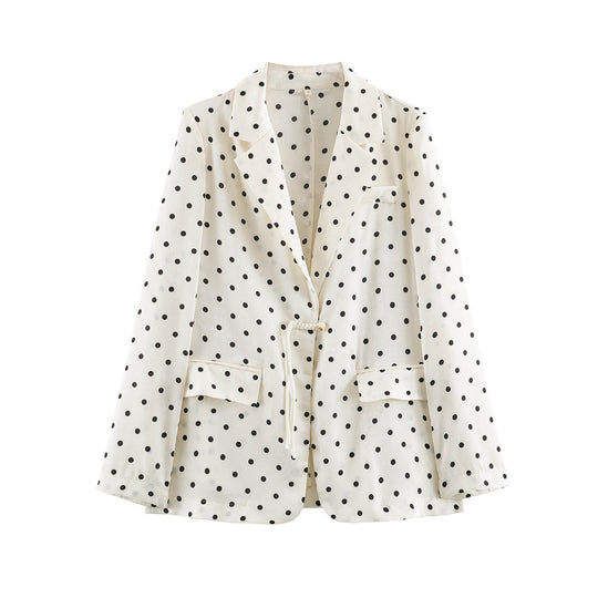 Damen Leichter gepunkteter Blazer mit Revers, Tunnelzug‑Taillierung und Pattentaschen Shop Nory