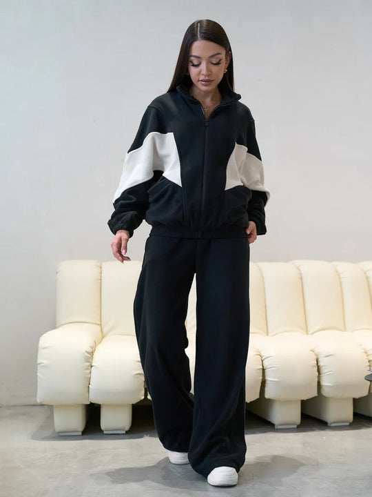 Damen Oversized Fleece-Lounge-Set mit Stehkragen, Reißverschlussjacke und weiter Palazzohose Shop Nory