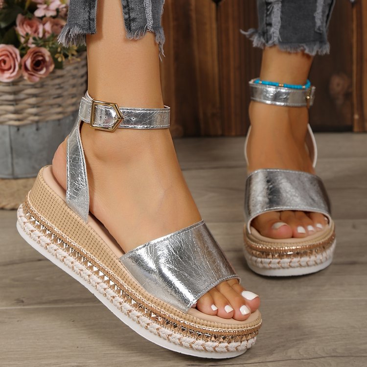 Damen Wedge-Sandaletten mit exklusivem Metallic-Finish und verstellbarem Riemendesign Shopnory