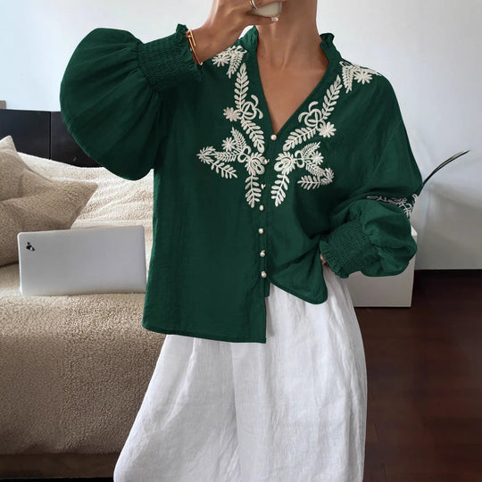Damen Boho-Bluse mit Puffärmeln, Stickerei und Perlenknöpfen Shop Nory