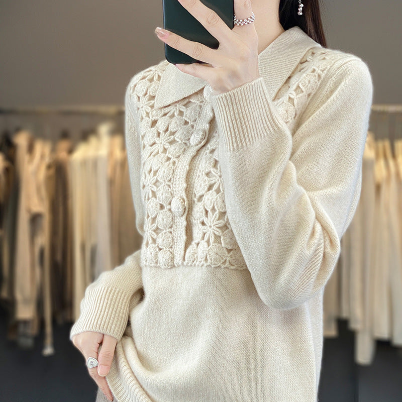 Damen Strickpullover mit gehäkelter Ajour‑Blende und Polokragen Shop Nory