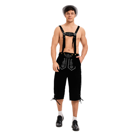 Herren nan knielange traditionelle Lederhose mit besticktem Brustlatz und verstellbaren Trägern Shop Nory