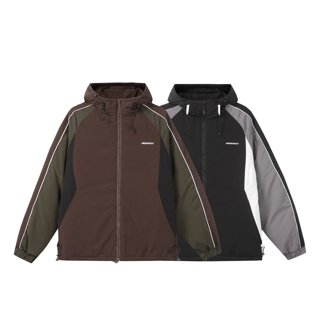 Unisex Kurz geschnittene gesteppte Kapuzenjacke mit reflektierenden Paspeln und Kordelzugsaum Shop Nory