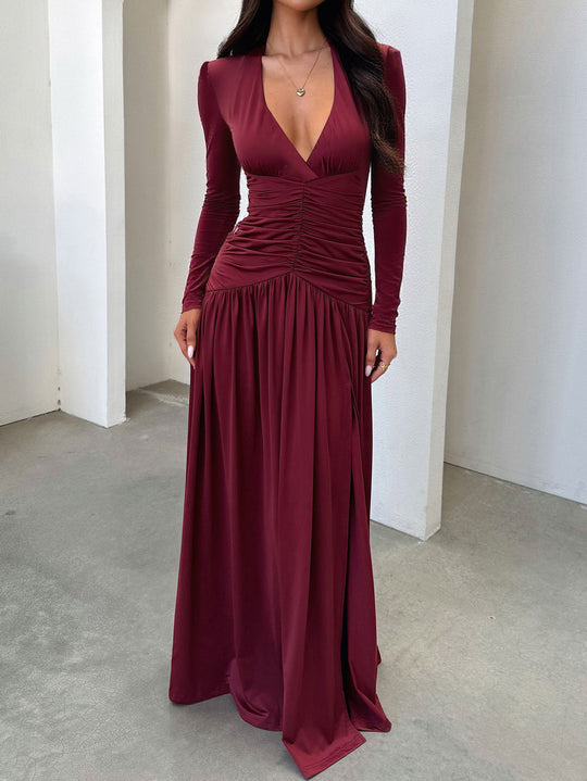 Damen nan elegantes Abendkleid mit gerafftem Wickeloberteil, hohem Beinschlitz und Samtärmeln Shop Nory
