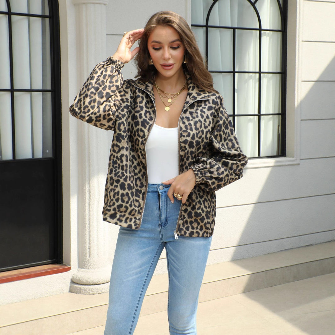 Damen Leopard-Print Bomberjacke mit Stehkragen, Reißverschluss und Gummizug Shop Nory