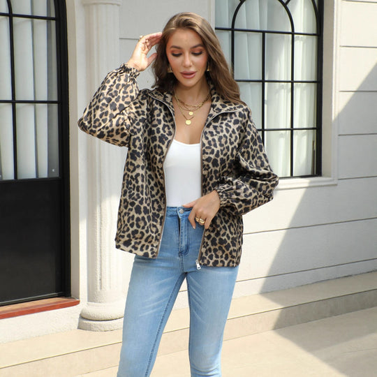 Damen Leopard-Print Bomberjacke mit Stehkragen, Reißverschluss und Gummizug Shop Nory