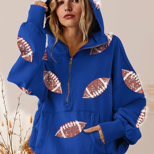 Damen Oversized Kapuzenpullover mit halbem Reißverschluss und Pailletten‑Football-Applikation Shop Nory